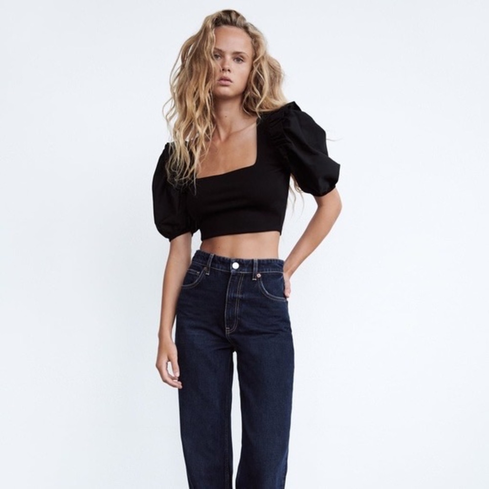 Zara Small Puff Sleeve Ribbed Crop Top